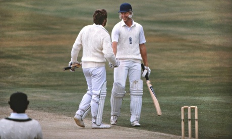 Graham Dilley is congratulated by Ian Botham
