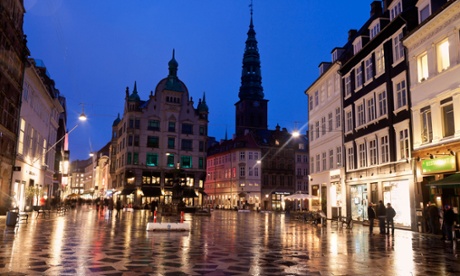 Denmark, Copenhagen, Street scene at dusk.