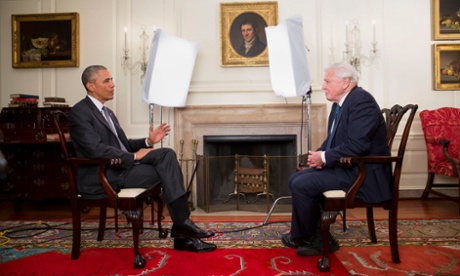 President Barack Obama meeting Sir David Attenborough in the map room of the White House in Washington, to discuss the environment.