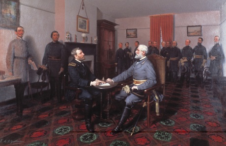 1867 painting by Louis Guillaume of General Lee, left, surrendering to General Grant at Appomattox Court House, Virginia.