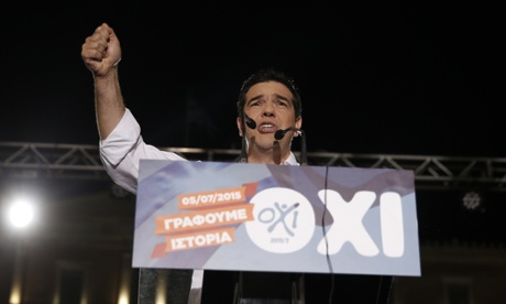 Greece's prime minister Alexis Tsipras delivers a speech during a rally organized by supporters of the no vote in Athens, 3 July.