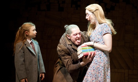 Kerry Ingram (Matilda), Bertie Carvel (Miss Trunchbull) and Lauren Ward (Miss Honey) in Matilda, A Musical