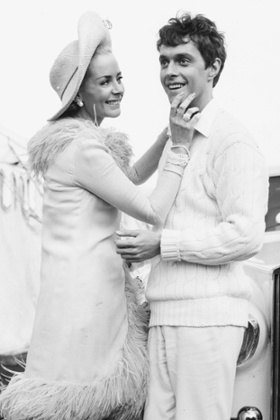 Robin Phillips with Geneviève Page on the set of the film Decline and Fall … of a Birdwatcher (1968).