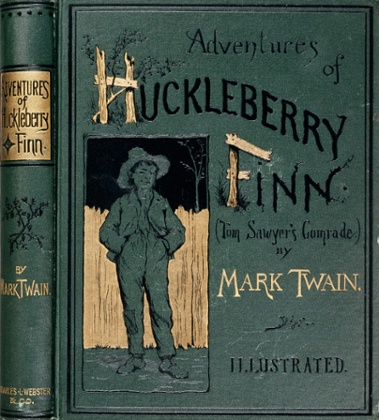 A embossed book cover for Adventures of Huckleberry Finn