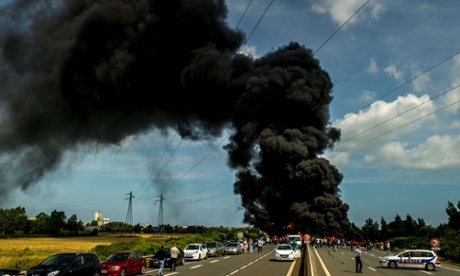 Access to the harbour at Calais is blocked by protesters on Friday.