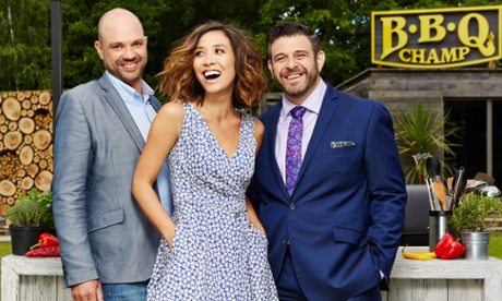 BBQ Champ judges Mark Blatchford and Adam Richman with Myleene Klass
