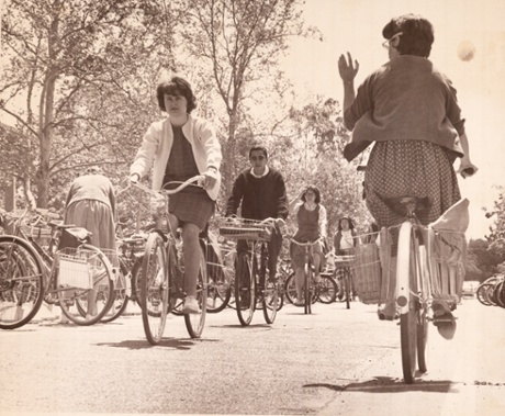 Bike riders on the University of California, Davis campus circa 1960