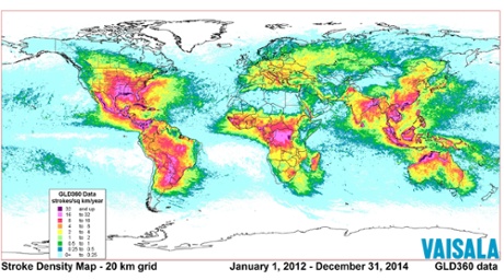A graphic of lightning strikes from around the world from 2012 to 2014.