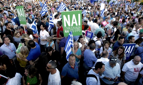 A scene from the yes rally, where people waved Greek and EU flags and chanted 