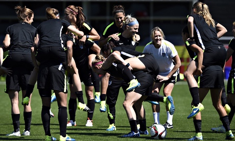 United States players warm up during a training session before the 2015 Fifa Women's World Cup final