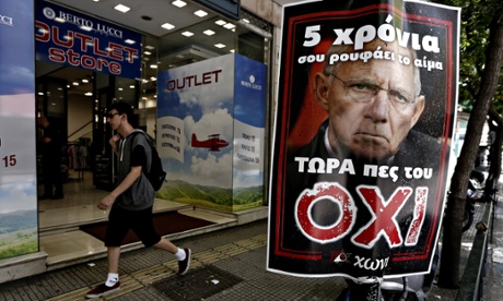 A No poster in Athens depicting German finance minister Wolfgang Schäuble reads 'For five years he is drinking your blood, now tell him NO'.
