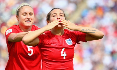 England's Fara Williams celebrates scoring the match-winning penalty against Germany in the Women's Workld Cup third place playoff.