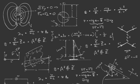 Physics diagrams and formulas chalk handwriting on blackboard.
