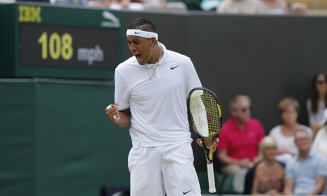 Nick Kyrgios celebrates and takes the third set.