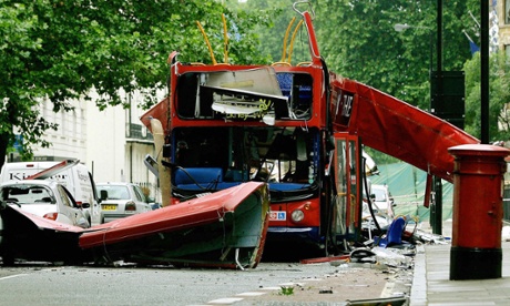 The wreck of the No 30 bus in Tavistock Square in London, on 8 July 2005.