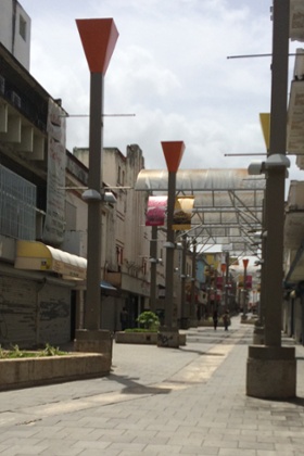 Closed shops along Rio Piedras, San Juan, Puerto Rico.