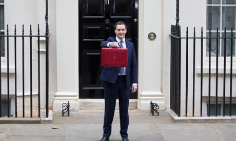 The chancellor, George Osborne, shows the red budget box on Wednesday.