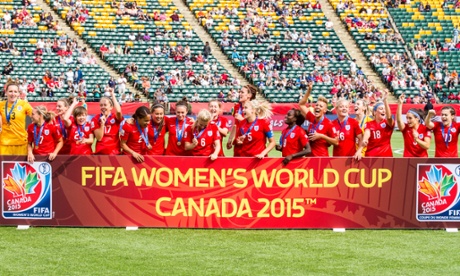 The English Women's team celebrates coming third at the World Cup in Canada.