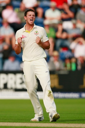 Josh Hazelwood celebrates taking the wicket of Jos Buttler.