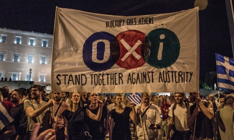 'Oxi' or 'No' supporters in Syntagma Square Athens while celebrating the rejection of the country's bailout deal.on 5 July.