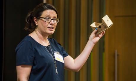 Liz Sproat, head of education for Google EMEA, holding a Google Cardboard