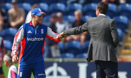 After scoring a century on day one, Joe Root of England gets a fist pump from fellow Yorkshireman Michael Vaughan before play on day two of the first Ashes Test against Australia in Cardiff.