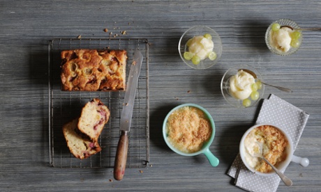 Ruby's sweet wine and gooseberry sorbet (right), a crunchy gooseberry coconut crumble with coconut custard (bottom) and a moist gooseberry and strawberry hazelnut cake