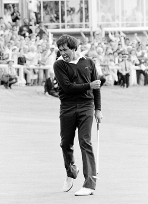Seve Ballesteros celebrates holing his winning putt for a birdie on the 18th green during the final round of the 1984 Open Championship