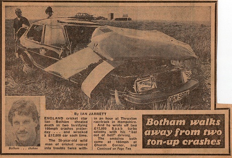 A newspaper article about Ian Botham's crashed car.