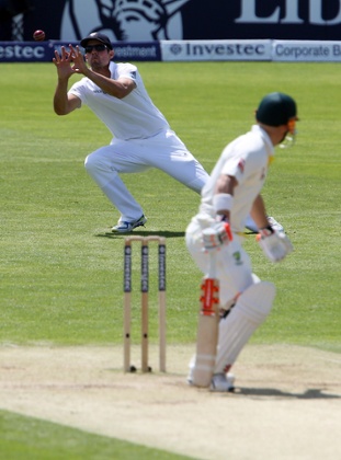 David Warner loses his wicket to a catch by England captain Alastair Cook