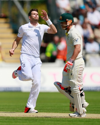 James Anderson celebrates taking the wicket of David Warner.