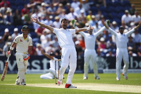 James Anderson leads the appeals for the wicket of David Warner.