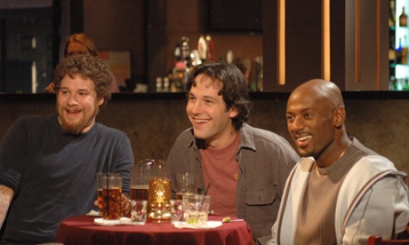 With Seth Rogen and Romany Malco in The 40-Year-Old Virgin.