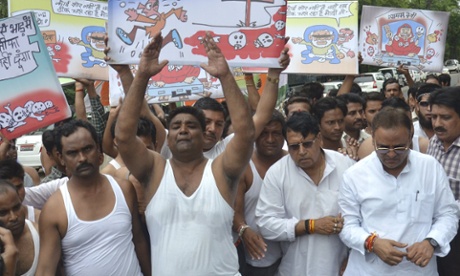 Congress party activists in Bhopal demand the resignation of Madhya Pradesh chief minister Shivraj Singh Chouhan over the scandal.