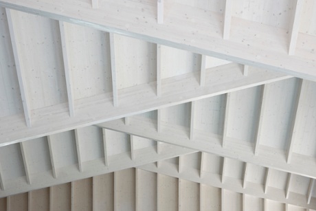 The irregular shape and interlocking timber roof reduce the noise of the pool.