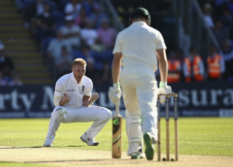 Ben Stokes celebrates after taking the wicket of Adam Voges.