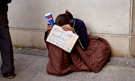 Young person homeless hungry and begging in London.