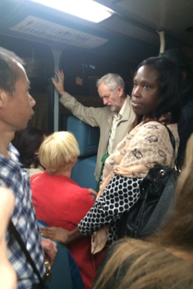 A photograph of Jeremy Corbyn on a night bus in London has gone viral on the internet.
