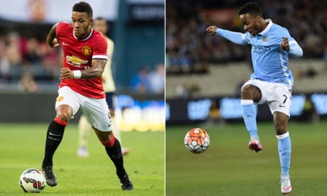 Manchester United's Memphis Depay and Manchester City's Raheem Sterling.