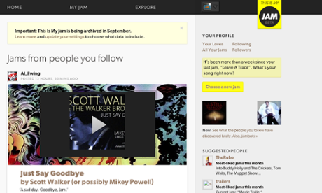 The homepage of This Is My Jam on the day of the shutdown announcement.