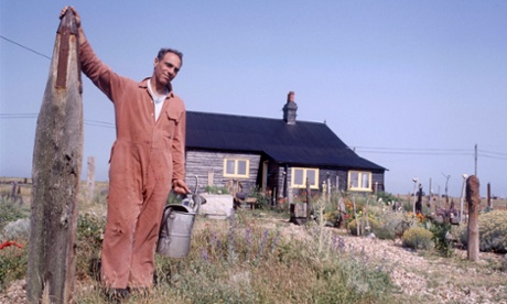 Derek Jarman in his arid Dungeness garden.