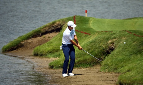 Jordan Spieth hits a practice shot before the 2015 US PGA Championship at Whistling Straits.