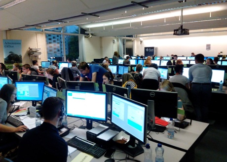 Students man the phones at Sussex University on what will be the busiest admissions day of the year