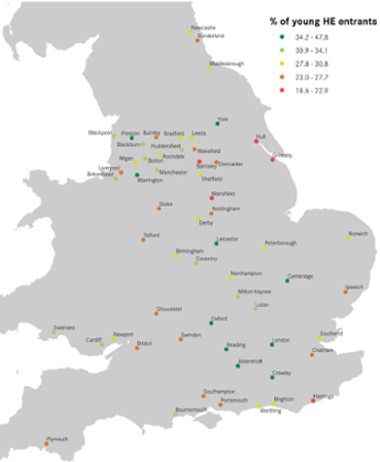 A map illustrating the city-by-city disparities of how many students go onto university