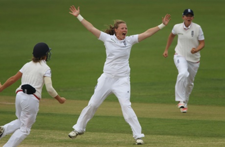 England's Anya Shrubsole celebrates after having Australia's Ellyse Perry caught by wicket keeper Sarah Taylor.