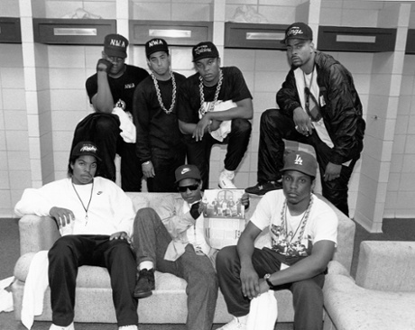 N.W.A. pose with rappers The D.O.C. and Laylaw from Above The Law in 1989