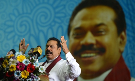 Former Sri Lankan president Mahinda Rajapakse speaks at a rally in Gampaha on August 14.