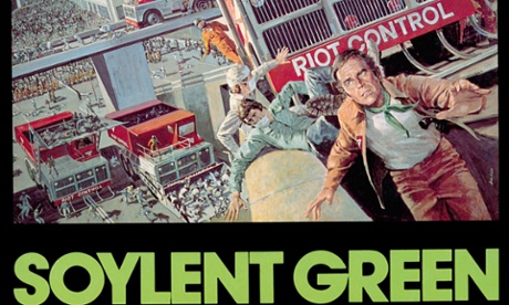 A poster for the film Soylent Green, after which the company is named. The film depicts a dystopian future in which overcrowding leads to humans being turned into the eponymous staple food.