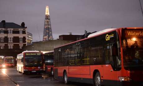 Buses in Waterloo garage, London