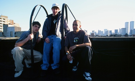 Peter Bici and Gio Estevez on a rooftop with Chris Keeffe, founder of New York City skate shop DQM.